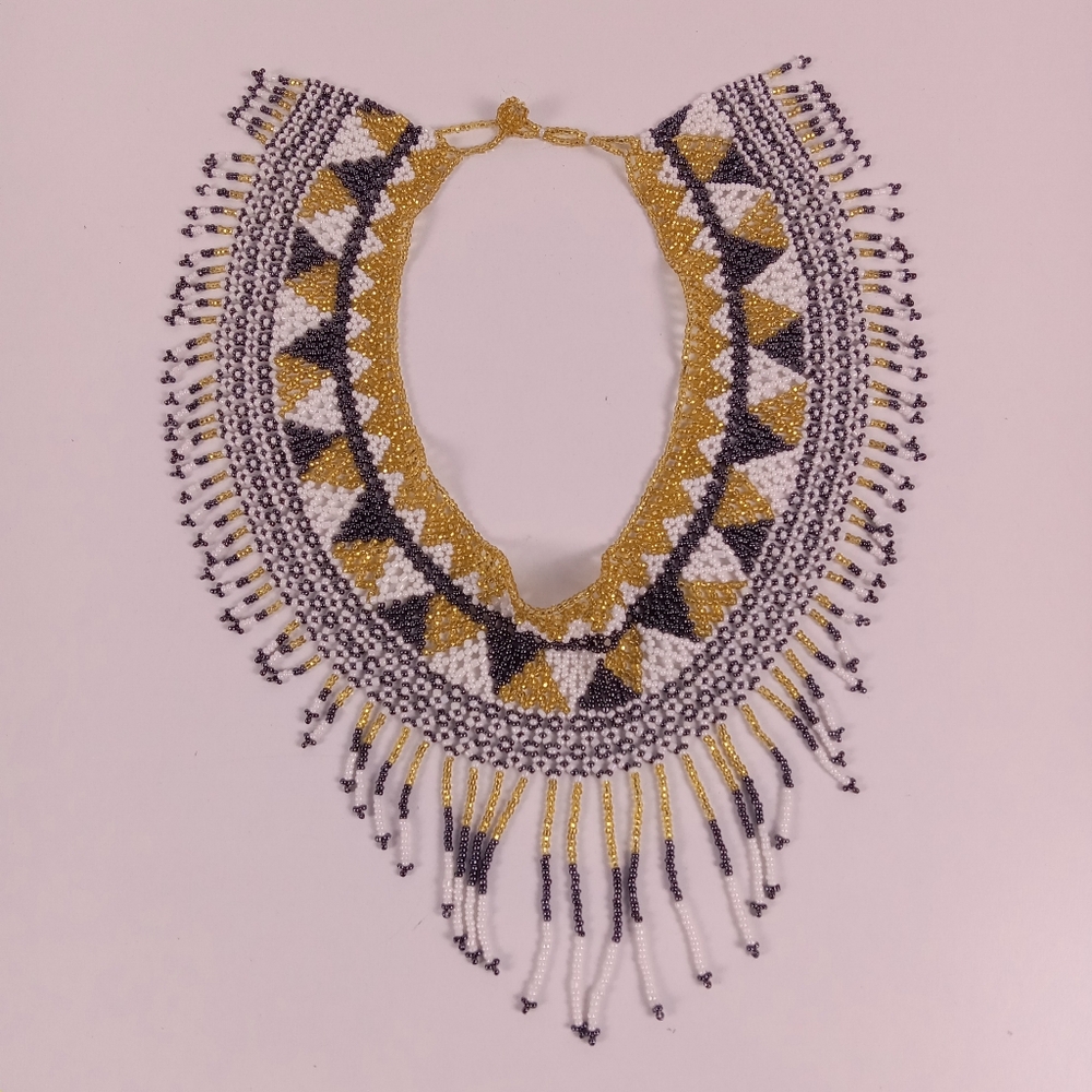 Vintage Hand Beaded Collar Bib Necklace Fringe Glass Beads Gold Blue White